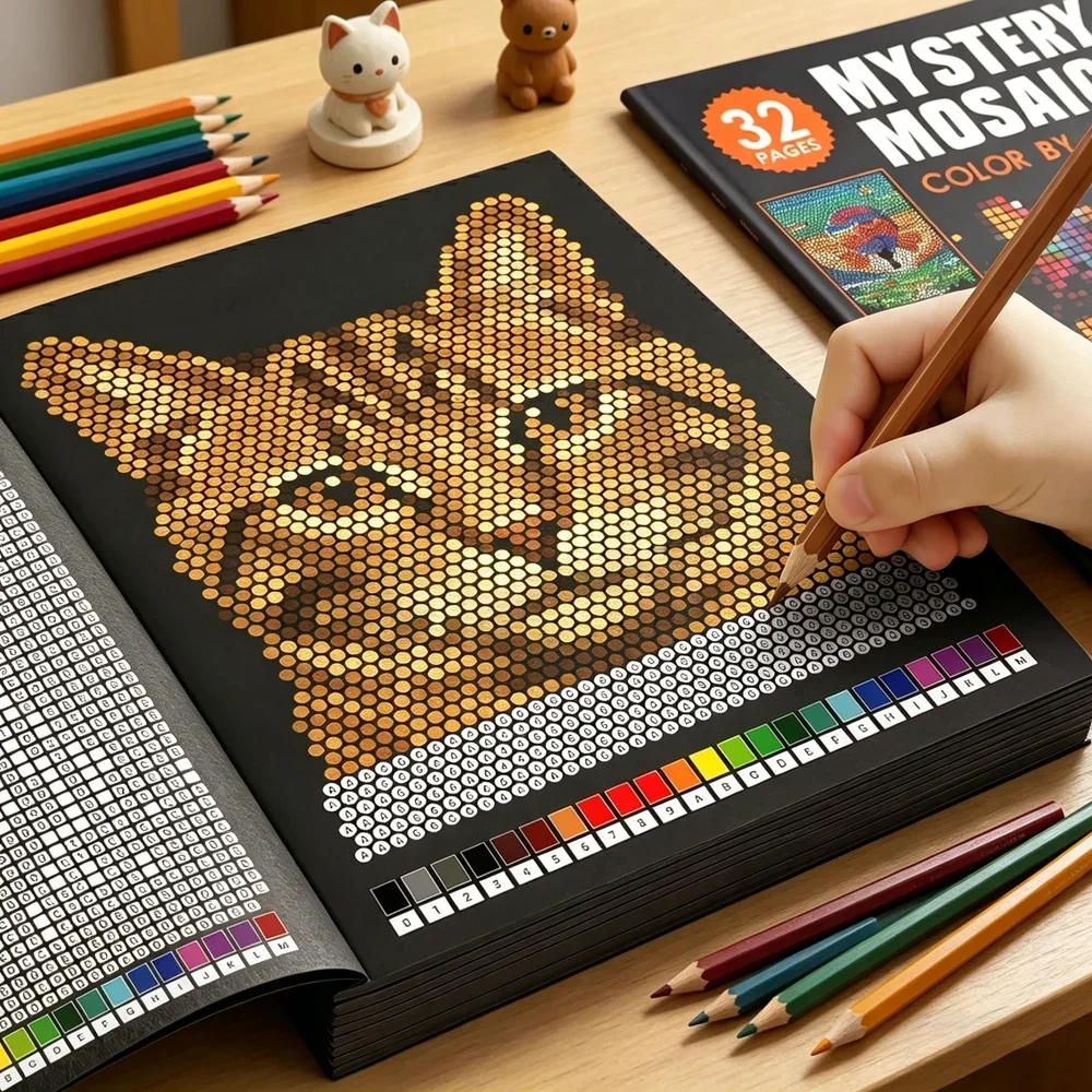 Adult Coloring Book Stress Relief - สมุดระบายสีโมเสคปริศนาตามตัวเลข 32 หน้า หนังสือกิจกรรมศิลปะพิกเซลสำหรับผู้ใหญ่ บรรเทาความเครียด สมุดวาดภาพสร้างสรรค์